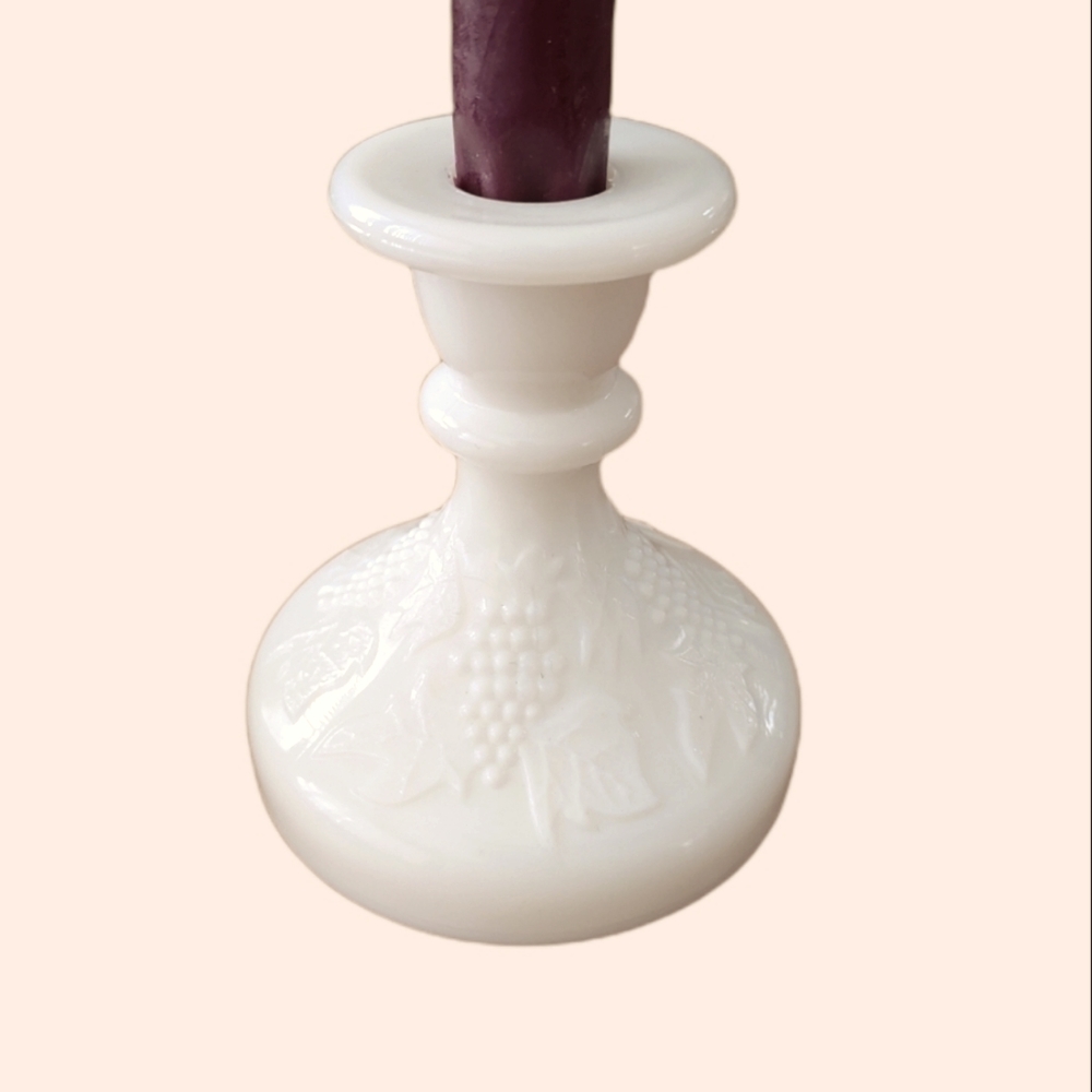 Vintage Milk Glass Candlestick Holders Harvest Grape Matching Set Rustic Decor - Picture 3 of 9